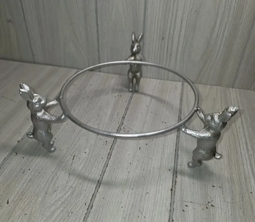Vtg Pottery Barn Bunny Rabbit Serving Bowl Platter Holder Metal Ring Heavy Duty